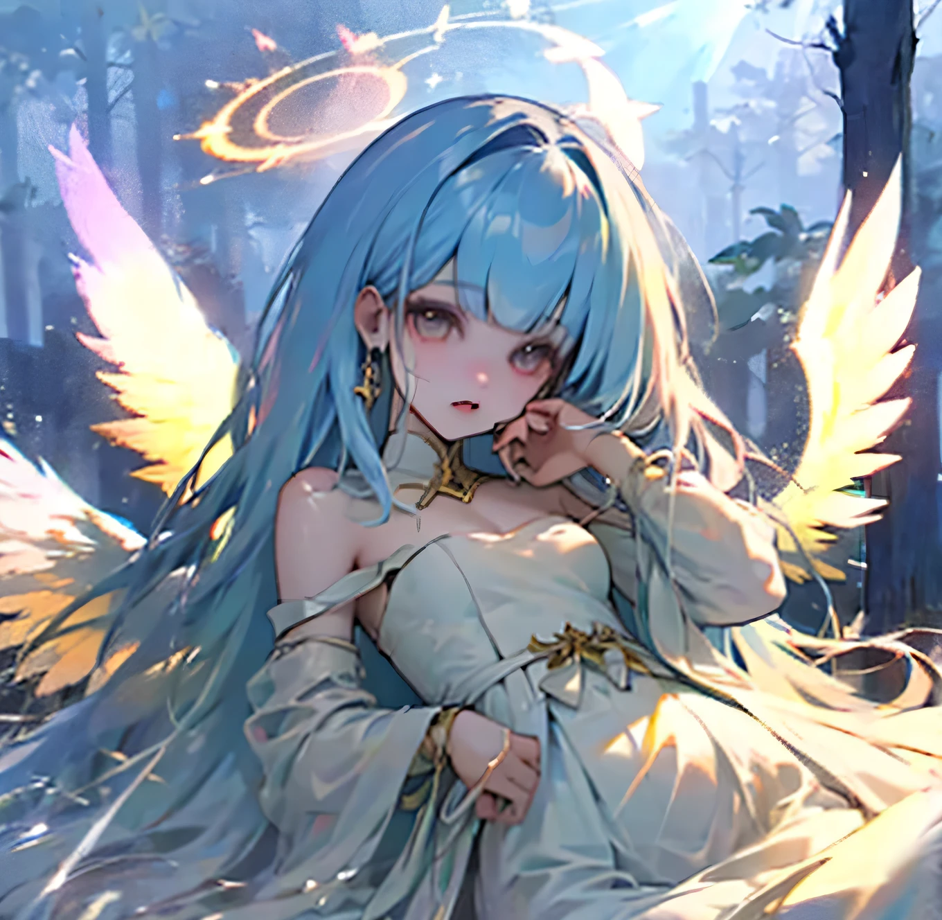 (high quality) (best quality) (a woman) (correct physiognomy) Woman, white hair with bangs on her forehead, four small angel wings coming out of her head, two on the left side and two on the right side, two angel wings coming out of her back, a golden halo behind her head, golden eyes, tender lips, middle age, white dress with straps on the shoulders, skirt cut diagonally leaving one leg exposed, location of the photo the woman must be in middle of the forest, photo lighting sunlight, full body proportion, showing in the photo the body from head to torso