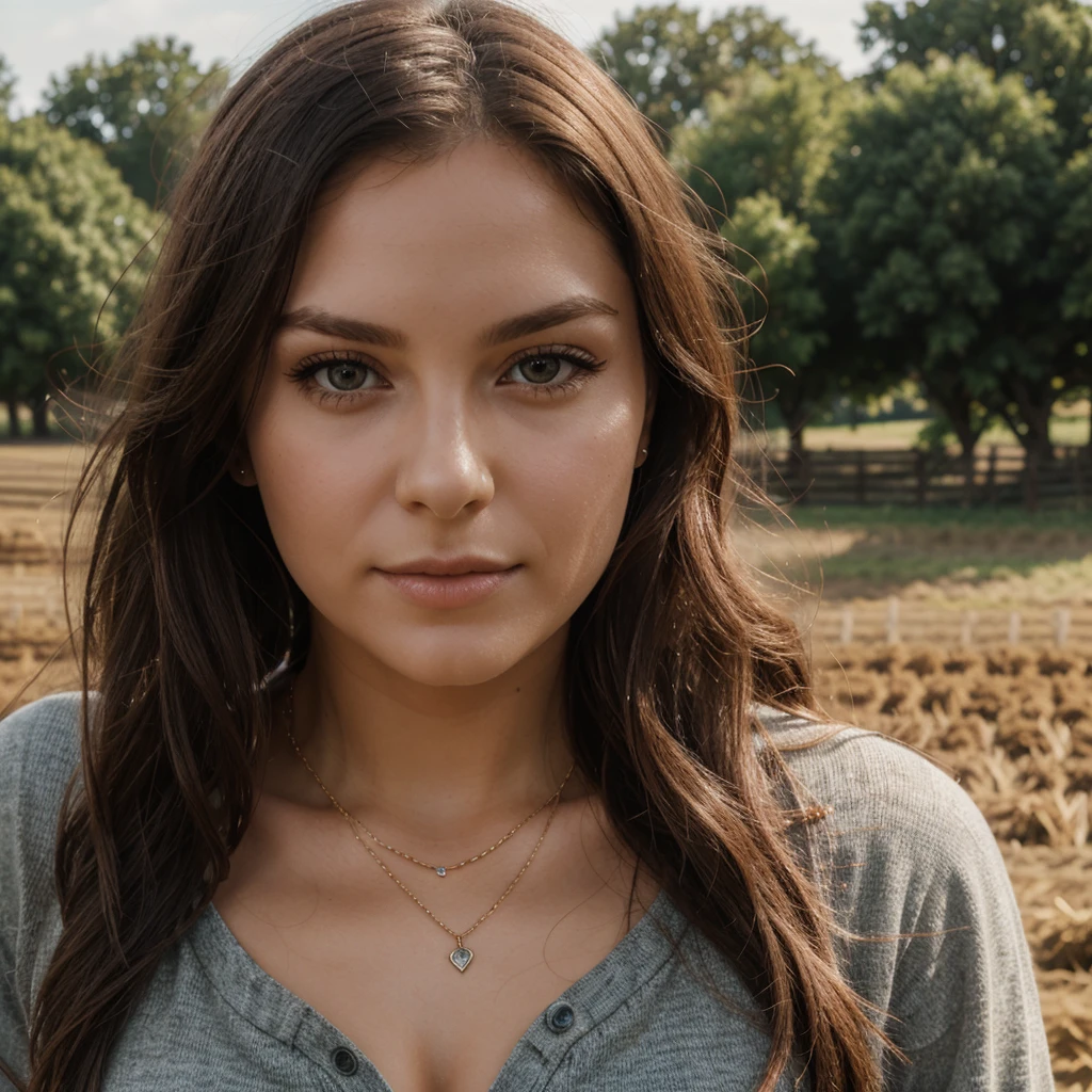 1girl in, 30 years old, Square face, Long hair, Looking at viewer, jewelry, Realistic, , farm outfit, farm background, free upper body pose