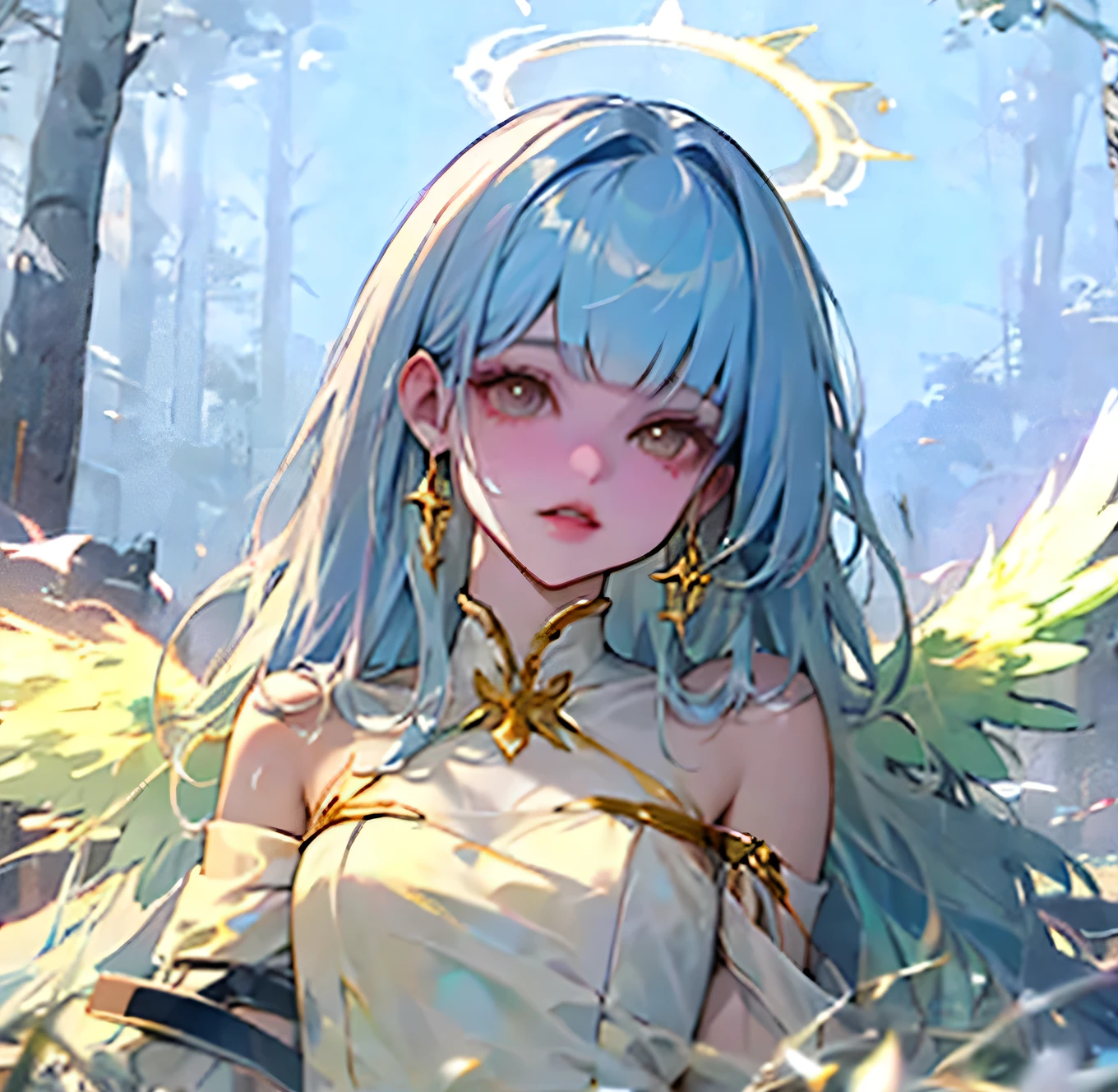 (high quality) (best quality) (a woman) (correct physiognomy) Woman, white hair with bangs on her forehead, four small angel wings coming out of her head, two on the left side and two on the right side, two angel wings coming out of her back, a golden halo behind her head, golden eyes, tender lips, middle age, white dress with straps on the shoulders, skirt cut diagonally leaving one leg exposed, location of the photo the woman must be in middle of the forest, photo lighting sunlight, full body proportion, showing in the photo the body from head to torso