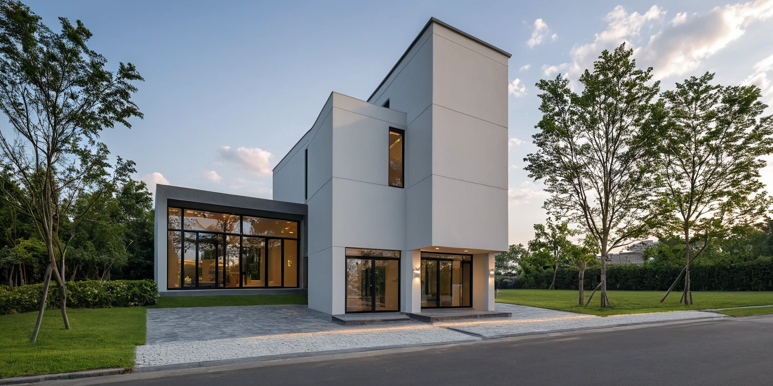 Masterpiece, high quality, best quality, authentic, super detail, outdoors, onestoreyvillaXL, aiaigroup, house style modern on the street ,stairs, white wall ,road,pavement, grass, trees, sky, cloud, (daylight:1.1)