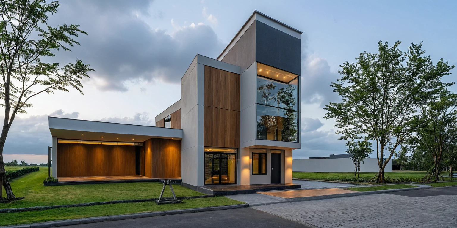 Masterpiece, high quality, best quality, authentic, super detail, outdoors, onestoreyvillaXL, aiaigroup, house style modern on the street ,stairs, white wall ,road,pavement, grass, trees, sky, cloud, (daylight:1.1)