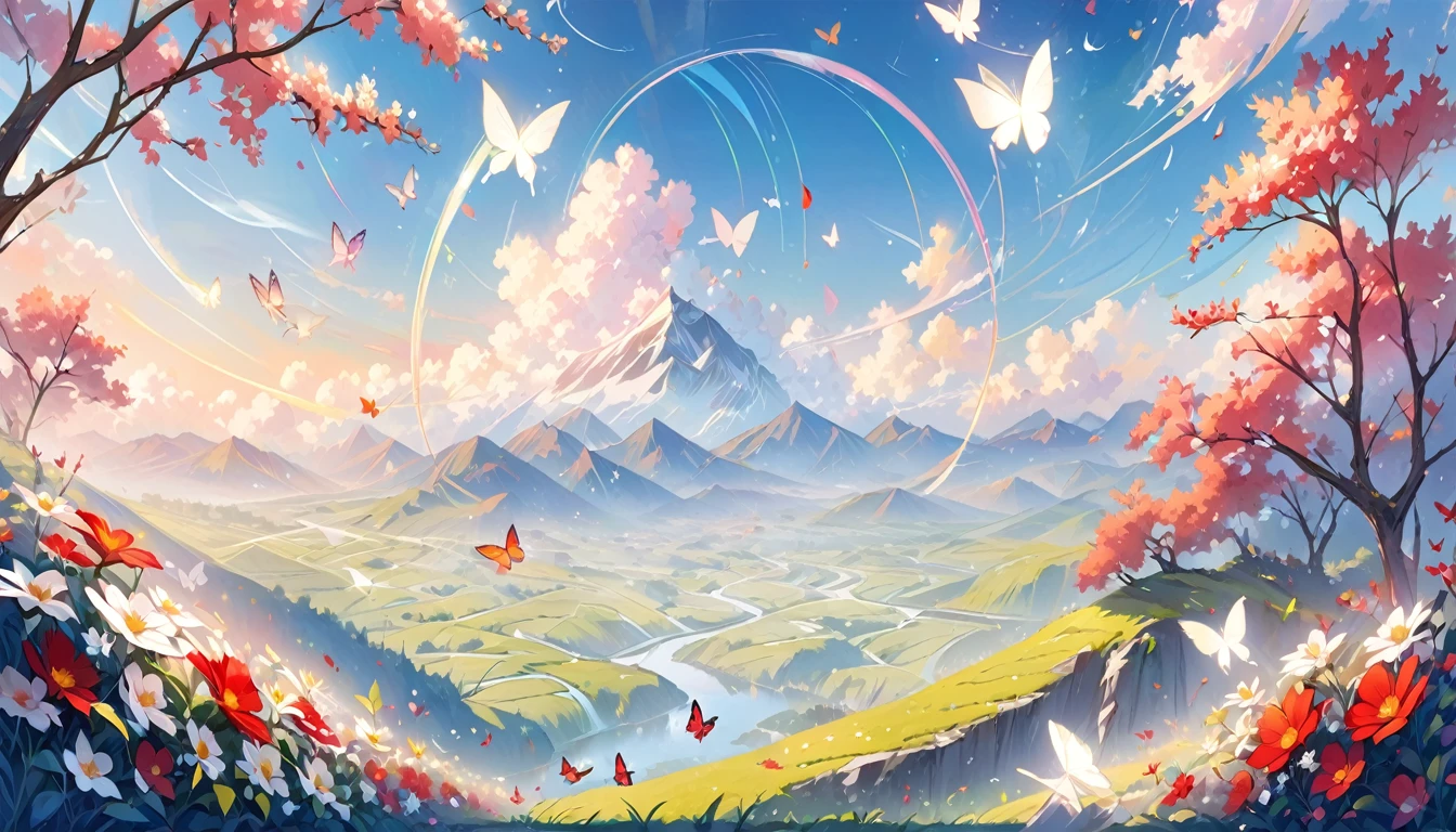 This is a landscape painting with a dreamy foreground, highlighting lines and minimalism in a state of transparent white gauze; The background features flying wreaths, butterflies, using the Moranti color scheme in an abstract sci-fi style