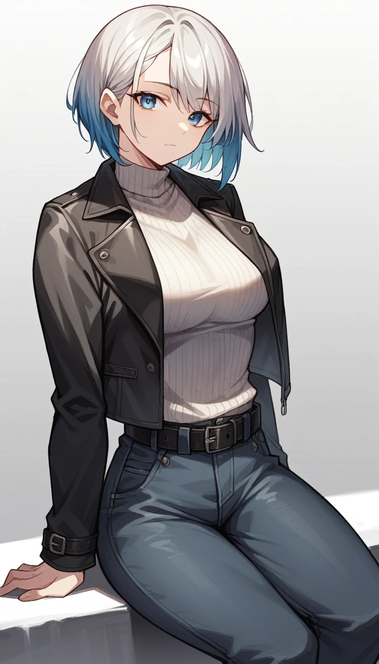 1girl, solo, blue_eyes, pants, jacket, sitting, sweater, belt, looking_at_viewer, black_pants, grey_hair, white_background, black_belt, short_hair, black_jacket, simple_background, closed_mouth, long_sleeves, multicolored_hair, gradient_hair, breasts