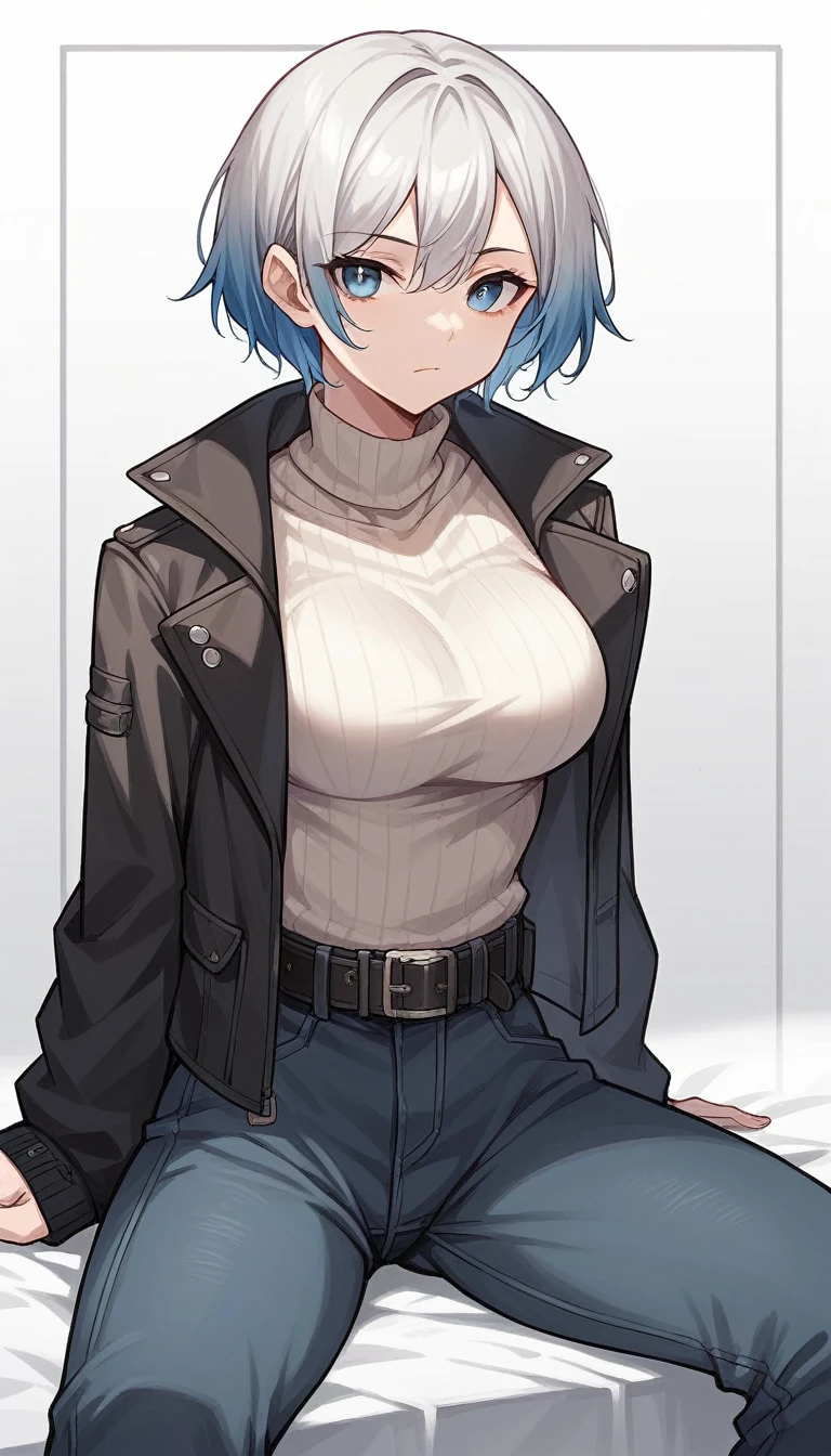 1girl, solo, blue_eyes, pants, jacket, sitting, sweater, belt, looking_at_viewer, black_pants, grey_hair, white_background, black_belt, short_hair, black_jacket, simple_background, closed_mouth, long_sleeves, multicolored_hair, gradient_hair, breasts