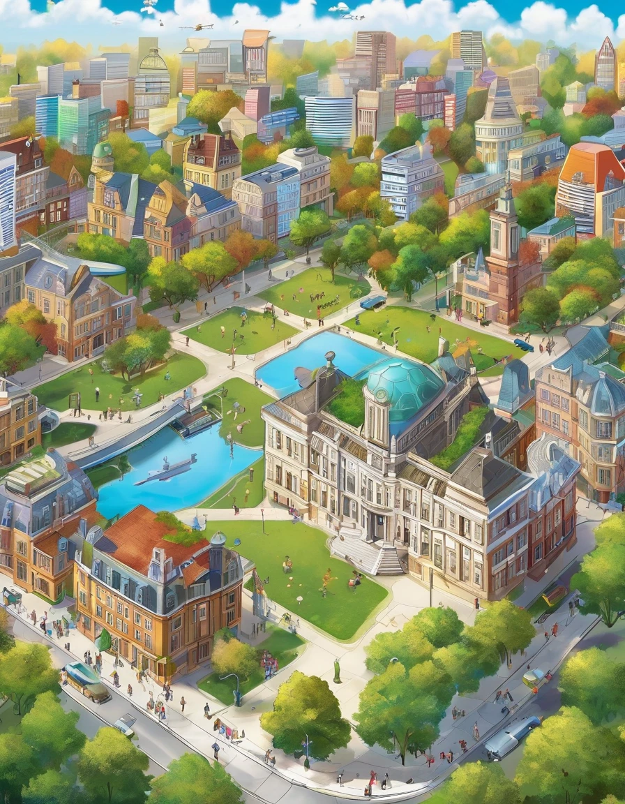 the city above the book, containing the city hall, parks, schools, people doing activities, beautiful skies