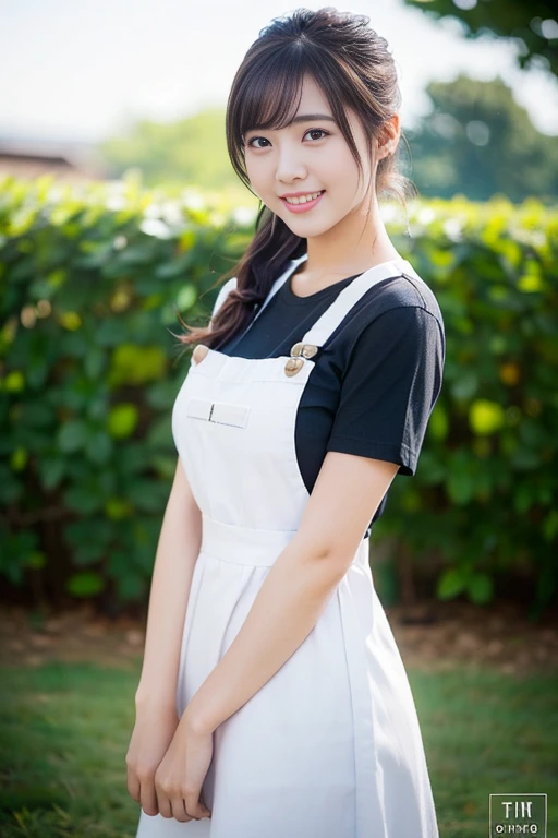 a gorgeous lady, age 22, in a white Classic Pinafore Dress with Sky-blue T-shirt, standing under night sky, dimpled smile, short ponytail, in a natural pose, photorealistic, beautiful detailed eyes, ample round bosom, hyper-realism, high contrast, ultra HD, realistic skin textures, top image quality, top-quality, super high resolution, fine details, very meticulously, bokeh background