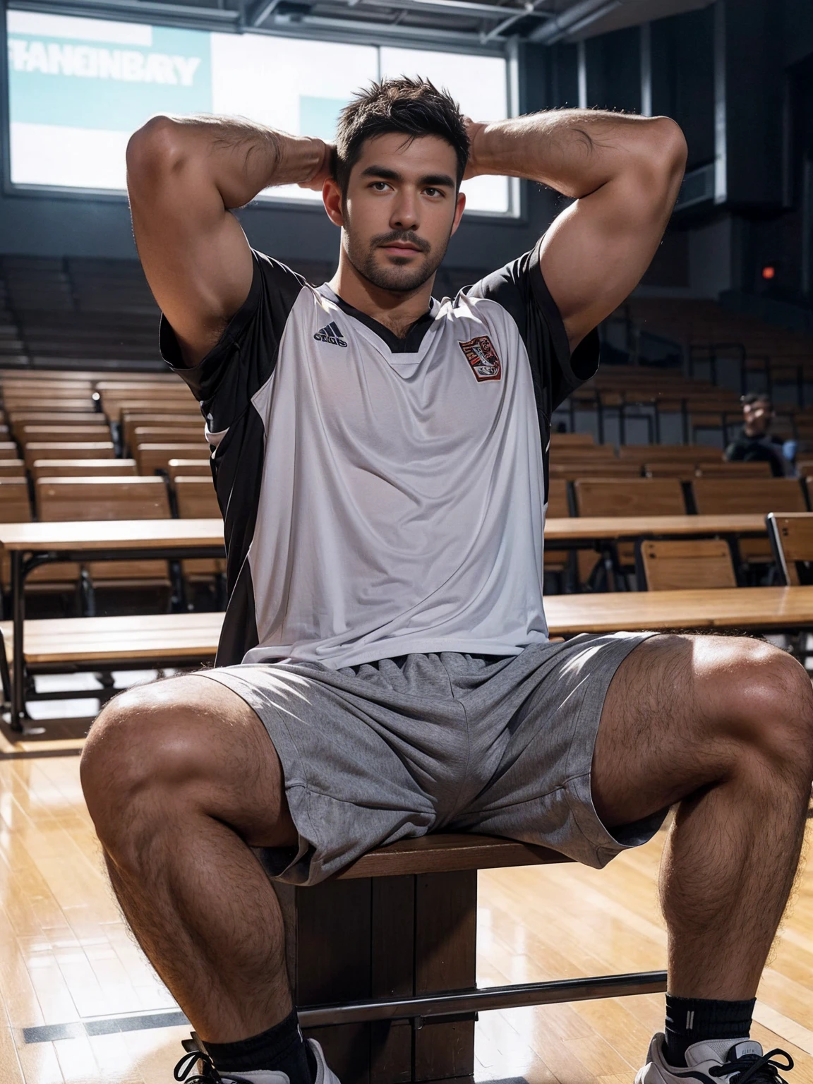 smile, short hair, black hair, brown hair, black hair, sitting, male focus, multiple , shoes, shorts, arms, wristband, sneakers, sportswear, bench, basketball, basketball uniformanother, chest hair, , navel hair, leg hair, armpit hair, hairy, (Chest hair:1.8) ! High detail 8K)! ((Realistically)), ! 186 cm! 70 kilograms! Popular clips! ( High-detail 8k ((realistically)), Exposed chest muscle and chest hair!, best quality, bright lighting, focus, theater! 35 years old, hairy breasts, thick hair Adam Dario Kier screenshot, Reddit, photo realism, gray hair!real photos!Thick moustache!(Chest hair:1.5)Real photos!