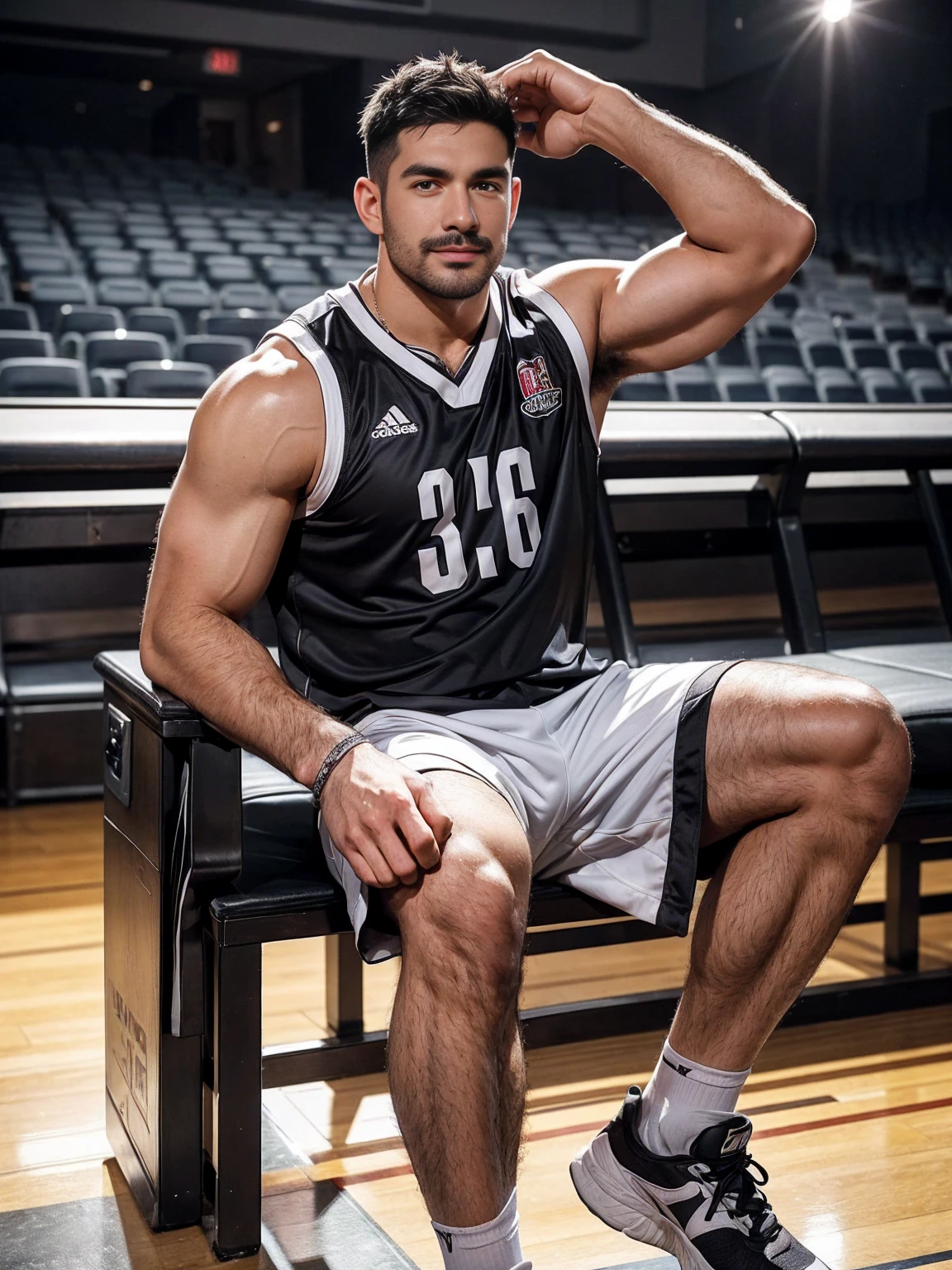 smile, short hair, black hair, brown hair, black hair, sitting, male focus, multiple , shoes, shorts, arms, wristband, sneakers, sportswear, bench, basketball, basketball uniformanother, chest hair, , navel hair, leg hair, armpit hair, hairy, (Chest hair:1.8) ! High detail 8K)! ((Realistically)), ! 186 cm! 70 kilograms! Popular clips! ( High-detail 8k ((realistically)), Exposed chest muscle and chest hair!, best quality, bright lighting, focus, theater! 35 years old, hairy breasts, thick hair Adam Dario Kier screenshot, Reddit, photo realism, gray hair!real photos!Thick moustache!(Chest hair:1.5)Real photos!