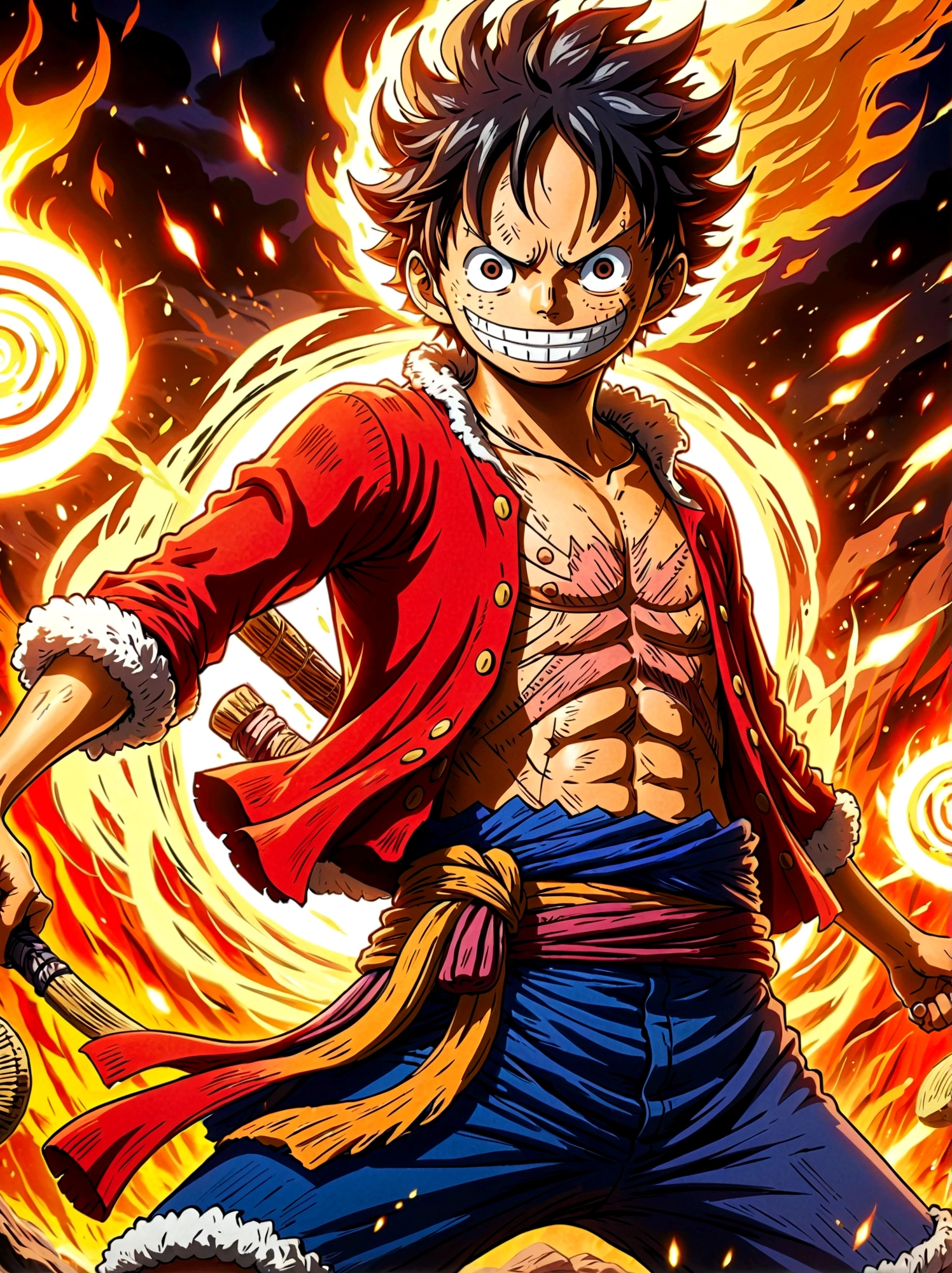 Create an exciting poster with Luffy from "one piece" em um ataque de raiva, wolf-headed. Capture the essence of his fiery determination and unyielding spirit as he unleashes his wrath on his enemies. Mantenha-o curto, ousado, e intenso para transmitir o poder bruto da raiva de Luffy, boy, anime