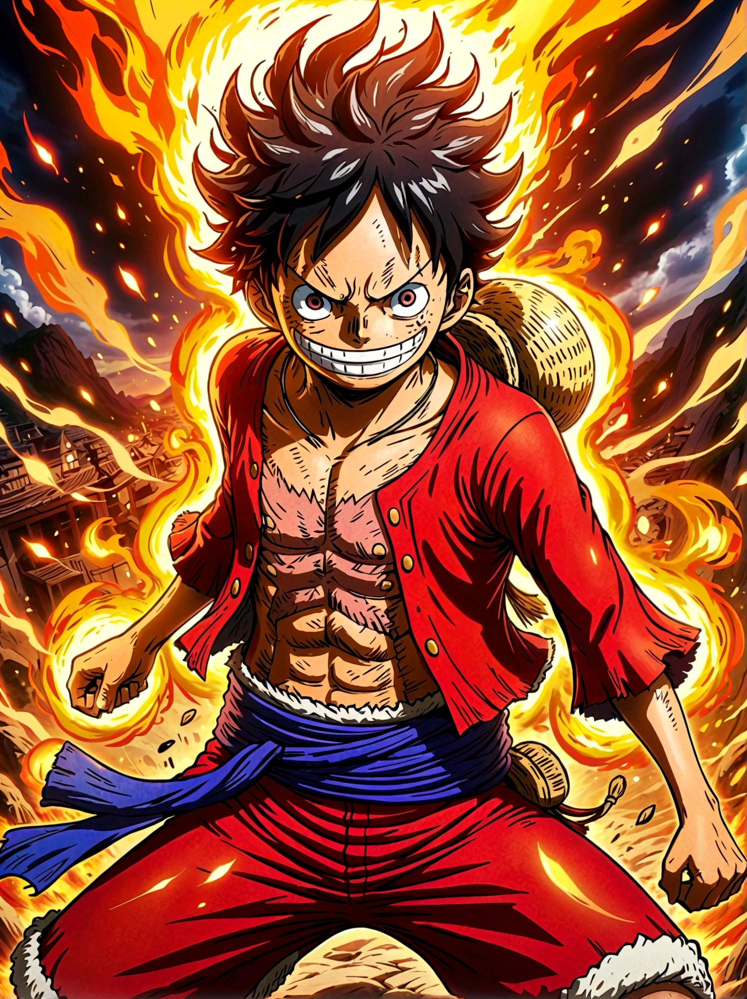 Create an exciting poster with Luffy from "one piece" em um ataque de raiva, wolf-headed. Capture the essence of his fiery determination and unyielding spirit as he unleashes his wrath on his enemies. Mantenha-o curto, ousado, e intenso para transmitir o poder bruto da raiva de Luffy, boy, anime