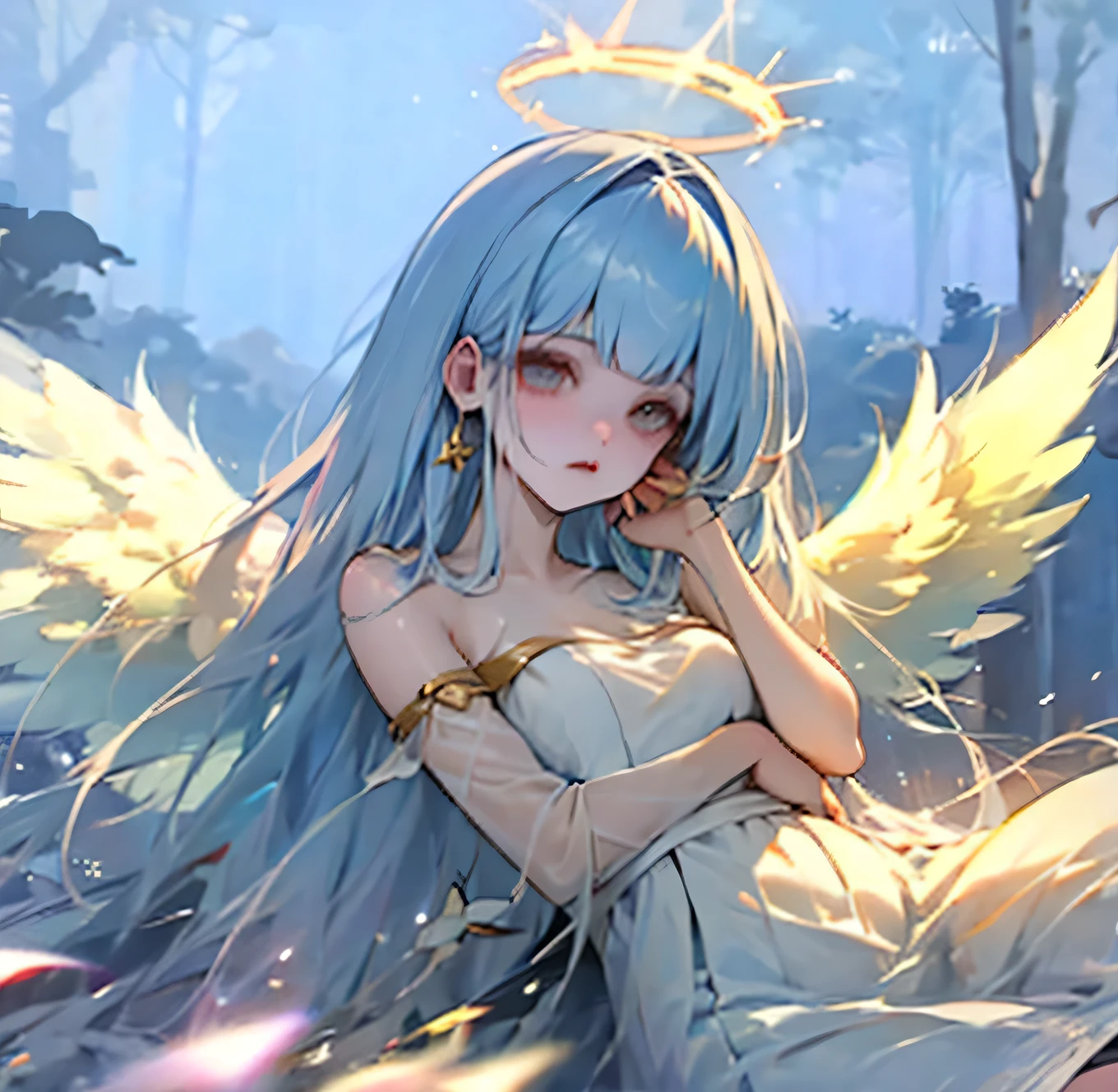 (high quality) (best quality) (a woman) (correct physiognomy) Woman, white hair with bangs on her forehead, four small angel wings coming out of her head, two on the left side and two on the right side, two angel wings coming out of her back, a golden halo behind her head, golden eyes, tender lips, middle age, white dress with straps on the shoulders, skirt cut diagonally leaving one leg exposed, location of the photo the woman must be in middle of the forest, photo lighting sunlight, full body proportion, showing in the photo the body from head to torso