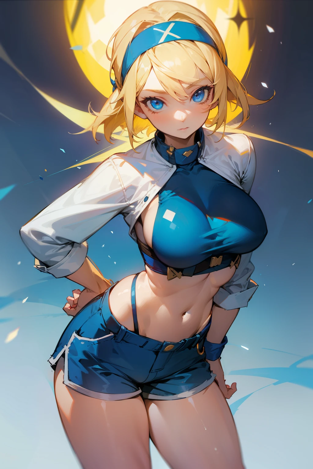 Girl, blonde hair, blue eyes, blue headband, short pants, big breasts, 