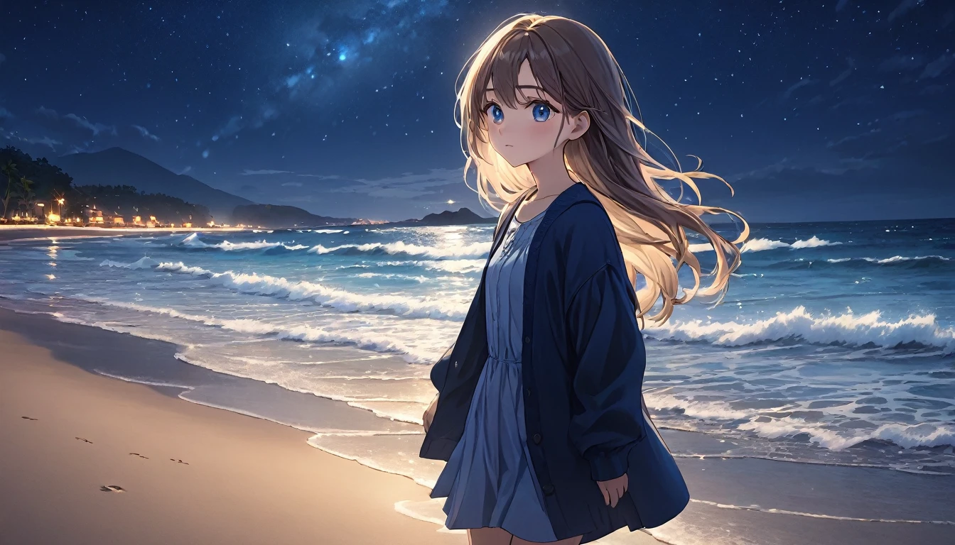 a young girl walking on the sandy beach, calm ocean waves, serene night sky, anime style, detailed face, long hair, beautiful eyes, detailed clothing, realistic lighting, cinematic composition, highly detailed, 8k, photorealistic, (best quality, 4k, 8k, highres, masterpiece:1.2), ultra-detailed, (realistic, photorealistic, photo-realistic:1.37), detailed ocean, dramatic lighting, moody atmosphere, warm color tones
