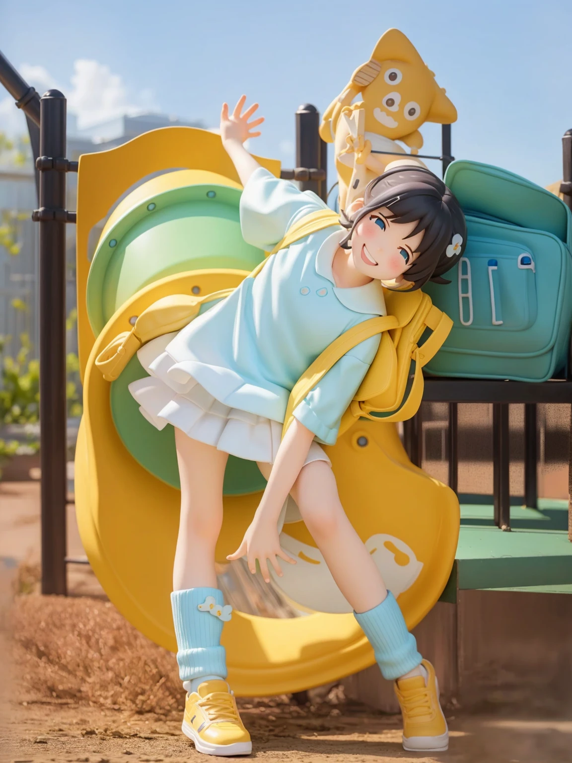 Reality、Blind Box、《Q version girl》（Wear light blue short sleeves，Girl in short white skirt，Carrying a yellow school bag，Smile）