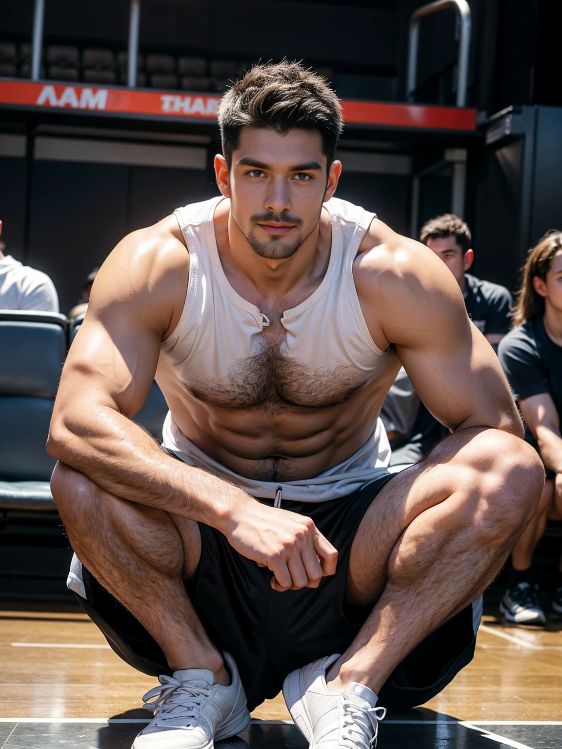 smile, short hair, black hair, brown hair, black hair, sitting, male focus, multiple , shoes, shorts, arms, wristband, sneakers, sportswear, bench, basketball, basketball uniformanother, chest hair, , navel hair, leg hair, armpit hair, hairy, （Chest hair：1.8） ！ High detail 8K)! ((Realistically)), ! 186 cm! 70 kilograms! Popular clips! ( High-detail 8k ((realistically)), Exposed chest muscle and chest hair!, best quality, bright lighting, focus, theater! 35 years old, hairy breasts, thick hair Adam Dario Kier screenshot, Reddit, photo realism, gray hair！real photos！Thick moustache!(Chest hair：1.5）Real photos!