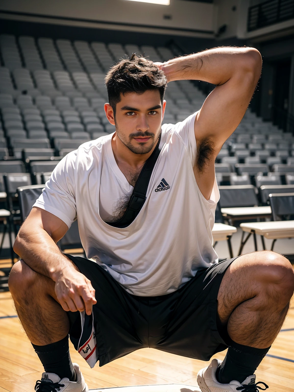 smile, short hair, black hair, brown hair, black hair, sitting, male focus, multiple , shoes, shorts, arms, wristband, sneakers, sportswear, bench, basketball, basketball uniformanother, chest hair, , navel hair, leg hair, armpit hair, hairy, （Chest hair：1.8） ！ High detail 8K)! ((Realistically)), ! 186 cm! 70 kilograms! Popular clips! ( High-detail 8k ((realistically)), Exposed chest muscle and chest hair!, best quality, bright lighting, focus, theater! 35 years old, hairy breasts, thick hair Adam Dario Kier screenshot, Reddit, photo realism, gray hair！real photos！Thick moustache!(Chest hair：1.5）Real photos!