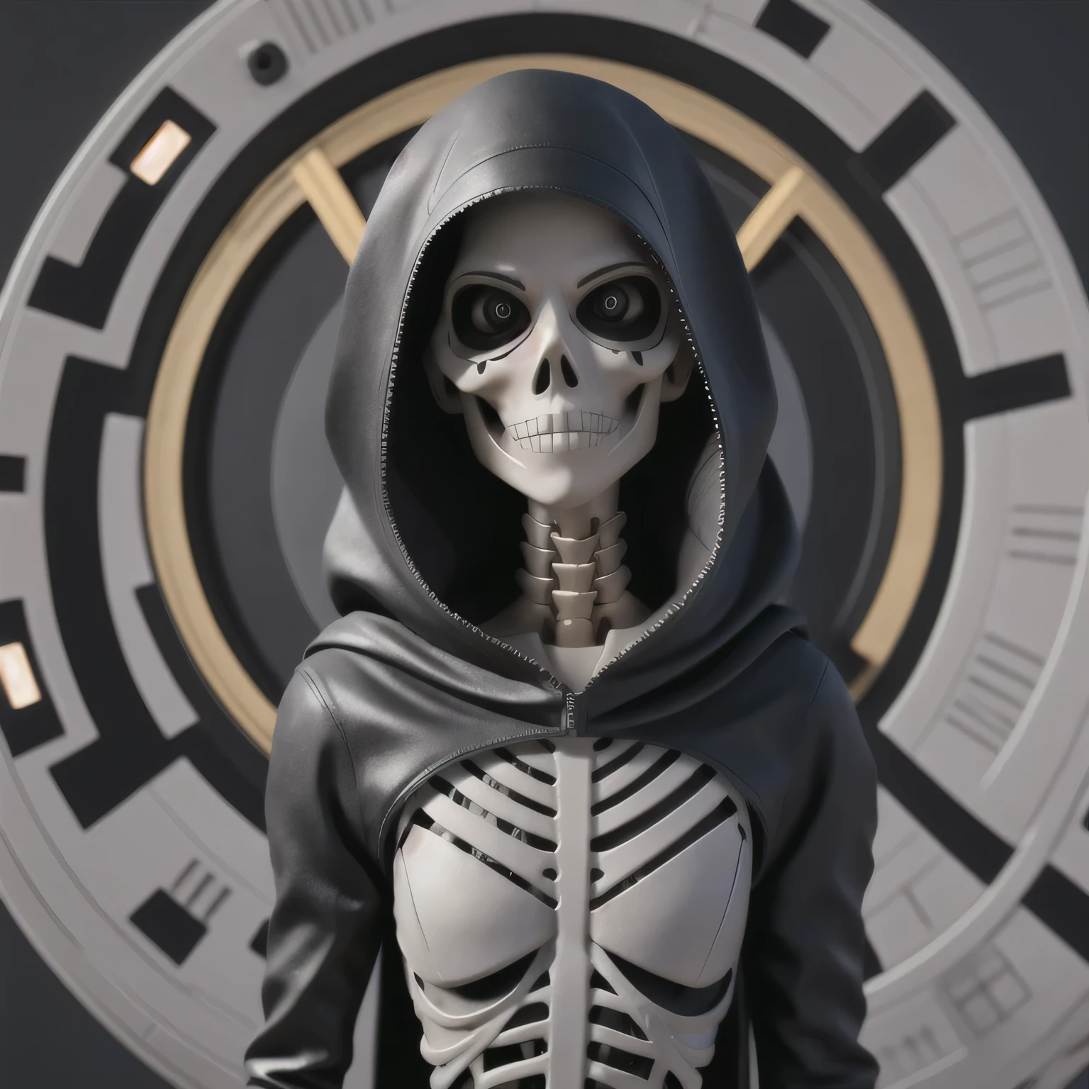 a close up of a person in a hoodedie standing in front of a clock, techwear occultist, dystopian sci-fi character, epic scifi character art, dark cyberpunk illustration, dark high-contrast concept art, dark futuristic, symmetric concept art, dark hooded wraith, skeleton with flower in hair standing against grey background, anatomically correct skeleton, skeleton girl, skeleton, skelleton, skeletal, half woman half skeleton, anatomically accurate skeleton, thin skeleton, skull bones flowers, fleshy skeletal, titanium skeleton, cute skeleton, fleshy skeletal body, flowers grow from the body, human skeleton, female death, highly detailed skeleton，epic sci - fi character art, epic sci-fi character art