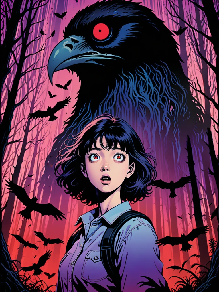 illust、art、from 80s horror movie, directed by Junji Ito、in the forest、A woman with a scared expression、Countless crows are flying into the sky, The silhouette of a giant monster towering into the sky、Overaction、Overreaction、Hanging corpse、high detail, realsitic shadow、Analog style, vhs style, 8mm film, chromatic aberration, Dvd screengrab、Blue-purple and red-purple gradation
