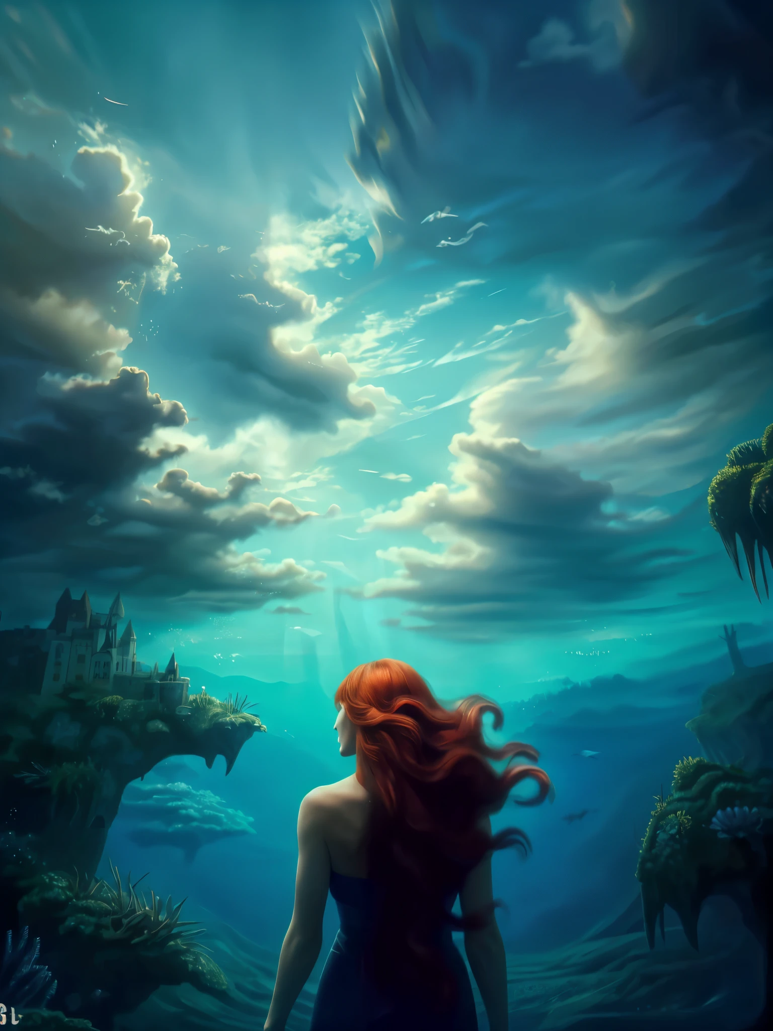 underwaterstyle, partially submerged 56yo woman, long red hair floating in the water, ((best quality)), ((masterpiece)), (detailed), soft colors, (detailed cloudscape:1.3), (high-resolution:1.2), movie rated, high quality, circling, delicate wings, castle, breathing fire, magic, view from the abyss, The perspective is from below. The lighting is dark, gloomy, and realistic, creating a tense and ominous atmosphere.