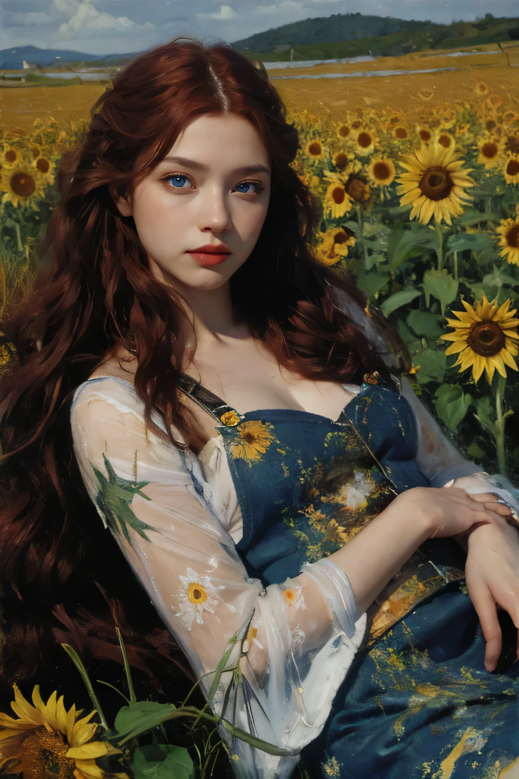 (oil painting:1.5),
\\
a woman with (long red wavy hair), ((blue eyes)) and sunflowers in her hair is laying down in a field of sunflowers, (amy sol:0.248), (stanley artgerm lau:0.106), (a detailed painting:0.353), (gothic art:0.106)