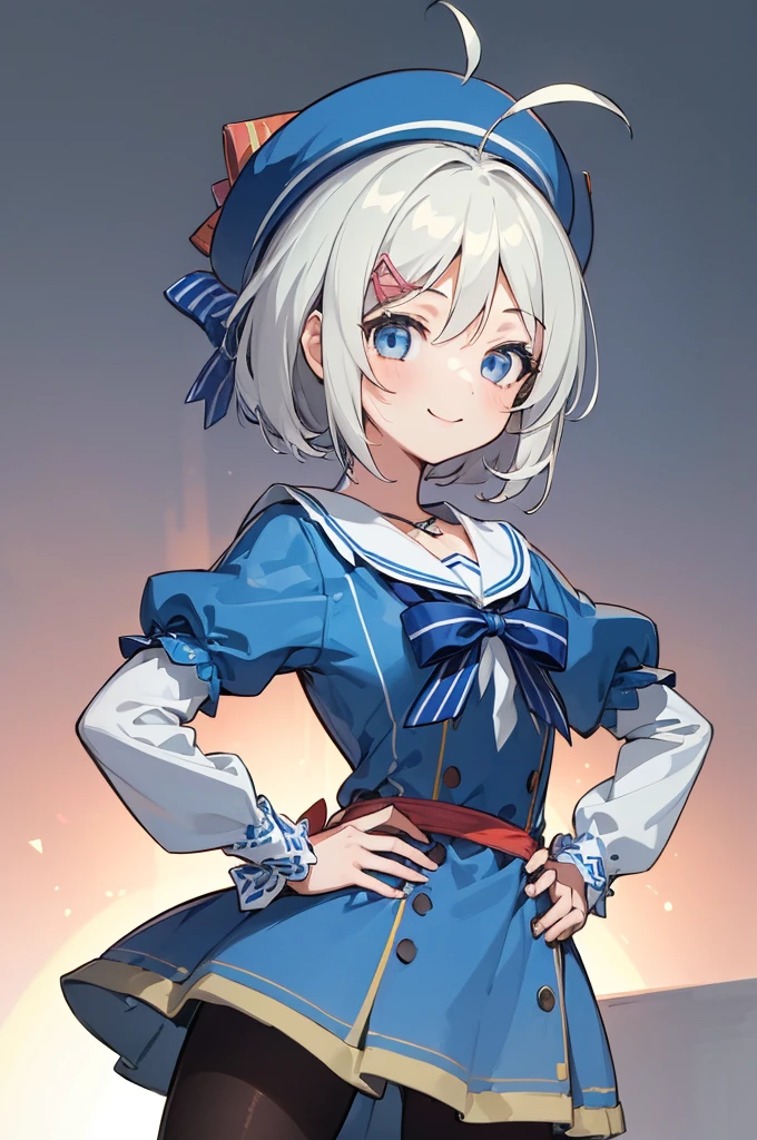 (masterpiece, best quality:1.2), cowboy shot, solo, 1girl, vtsiro, smile, looking at viewer, hands on hips, antenna hair, hair ornament, hat, blue dress, striped bow, pantyhose, spotlight