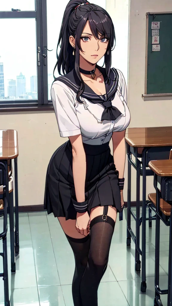 (((highest quality, High resolution, , Pixel Perfect, 4K))),((Correct Anatomy))、((Sailor suit))、(((School Chair))), ((highest quality)), ((Complex and detailed)), ((Black knee-high socks)), ((Mini Pleated Skirt))、An absurd solution, Mature Woman, Mature Woman, perspective, Very detailed,(((Full Body Shot)))、Great style、(Long Hair)、glamorous、Sailor suit、mini skirt、black tights、(((The whole body is visible))), One Woman, ((ponytail)), Perfect hands, Detailed fingers, Beautiful details,  Black choker, Earrings, Black Stockings, Perfect Eyes, Seductive eyes