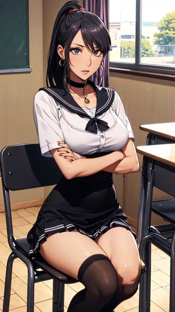 (((highest quality, High resolution, , Pixel Perfect, 4K))),((Correct Anatomy))、((Sailor suit))、(((School Chair))), ((highest quality)), ((Complex and detailed)), ((Black knee-high socks)), ((Mini Pleated Skirt))、An absurd solution, Mature Woman, Mature Woman, perspective, Very detailed,(((Full Body Shot)))、Great style、(Long Hair)、glamorous、Sailor suit、mini skirt、black tights、(((The whole body is visible))), One Woman, ((ponytail)), Perfect hands, Detailed fingers, Beautiful details,  Black choker, Earrings, Black Stockings, Perfect Eyes, Seductive eyes