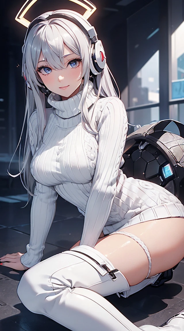 smile、((8k)), ((32k)), ((Highest quality)), ((masterpiece)), ((超A high resolution)), ((Tmasterpiece)), ((halo:1.4))、((White mechanical headgear:1.3))、((White mecha cyber headphones:1.3))、Fine skin, High quality fabric, ((Beautiful and dense face))、RAW Photos、Professional, Ultra-fine painting, ((alone)), Beautiful breasts、Highest quality, Very detailed, Very detailed詳細, Finer details, so beautiful, Full body description、on a futuristic street、White thigh-high boots、(Woman wearing a black leather miniskirt:1.8)、(Wearing a white knitted turtleneck sweater:1.8)、 take a walk、Beautiful legs、(Machine Eyes:1.3)、drooping eyes: 1.3,, (In 8K) , masterpiece, (No retouching, Lip gloss, False eyelashes, Real Skin, Highest quality, 超A high resolution, Depth of written boundary, chromatic aberration, Caustics, Wide Lighting, Natural Shading))、Korean Idol、Asian woman smiling at camera,、A young and cute gravure idol, Young and skinny gravure idol, Realistic Young Gravure Idol, Young Gravure Idol, Japanese Model, Shot with Canon EOA 6D Mark II, Shot with Canon EOS 5D Mark IV, Young Gravure Idol、(White thigh-high boots:1.5)、(Long silver hair:1.1), cowboy_shot, Side Focus, Shiny、Concept Art, Anime fantasy artwork, (((Long silver hair))), 8K high quality, detailed art, In 8Kのキャラクターアートの3Dレンダリング, neat legs, Defined, Defined fingers,