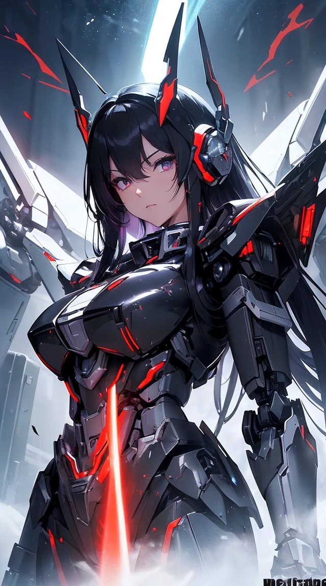 ((Shining lenses on both breasts:1.3))、((Pillars of red light radiate from both chests..:1.3))、((Attack pose:1.6))、((He has a red sword and a long rifle:1.6))、((Battle Scenes:1.8))、((8k)), ((32k)), ((highest quality)), ((masterpiece)), ((超A high resolution)), ((Tmasterpiece)), ((halo:1.4))、((Mechaニカルheadgear:1.2))、((Cyber headphones:1.3))Fine skin, High quality fabric, High-quality metal texture、((Beautiful and dense face))、RAW Photos、Professional, Ultra-fine painting, ((alone)), Beautiful breasts、highest quality, Very detailed, Very detailed詳細, Finer details, so beautiful, ((Black Knight Robot:1.2)),  (Joint of the machine, Mechanical Limbs:1.3), (The internal structure of the machine is exposed:1.3), (Long black hair:1.1), (Beautiful and huge mechanical breasts)、White Veil, cowboy_shot, Side Focus, headgear, Shiny、(Five Fingers, Four fingers and thumb),Concept Art, Anime fantasy artwork, Detailed fantasy art, (Has light blue-purple hair and black wings,,,,,,), (((Long black hair))), (Mecha:1.6)、Sleek and intimidating design,  (Jet black perfect robot body)、Jet black and reddish purple arms, Symmetrical wings, 8K High Resolution, Detailed Art, 3D rendering of character art in 8K, neat legs, Defined, Defined fingers,((headshot:1.6))