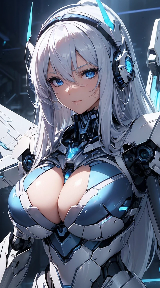 ((Intense action pose:1.6))、((Shining lenses on both breasts:1.3))、((Blue pillars of light are emanating from both chests.:1.3))、smile、((8k)), ((32k)), ((highest quality)), ((masterpiece)), ((超A high resolution)), ((Tmasterpiece)), ((halo:1.4))、((Mechaニカルheadgear:1.2))、((Cyber headphones:1.3))、Fine skin, High quality fabric, Fine metal texture、((Beautiful and dense face))、RAW Photos、Professional, Ultra-fine painting, ((alone)), Beautiful breasts、highest quality, Very detailed, Very detailed詳細, Finer details, so beautiful, ((Princess Knight Robot:1.2)), (Joints of machines, Mechanical Limbs:1.3), (The internal structure of the machine is exposed:1.3), (Long silver hair:1.1), (Beautiful and huge mechanical breasts)、White Veil, cowboy_shot, Side Focus, headgear, Shiny、(Five Fingers, Four fingers and thumb),Concept Art, Anime fantasy artwork, Detailed fantasy art, (with pale blue-violet hair and large white wings,,,,,,,), (((Long silver hair))), (Mecha:1.6)、Sleek and intimidating design, ((Commander-in-Chief'arm)), (Perfect robot body)、純白と青紫armまたは, Symmetrical wings, 8K high quality, detailed art, 3D rendering of character art in 8K, neat legs, Defined, Defined fingers,