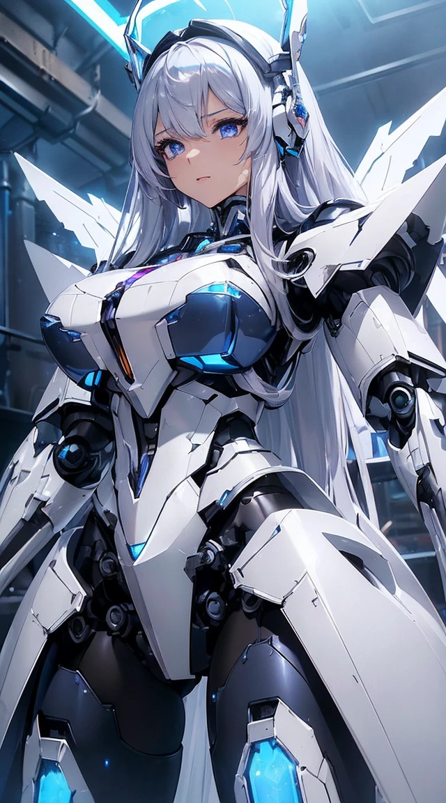 ((Intense action pose:1.6))、((Shining lenses on both breasts:1.3))、((Blue pillars of light are emanating from both chests.:1.3))、smile、((8k)), ((32k)), ((highest quality)), ((masterpiece)), ((超A high resolution)), ((Tmasterpiece)), ((halo:1.4))、((Mechaニカルheadgear:1.2))、((Cyber headphones:1.3))、Fine skin, High quality fabric, Fine metal texture、((Beautiful and dense face))、RAW Photos、Professional, Ultra-fine painting, ((alone)), Beautiful breasts、highest quality, Very detailed, Very detailed詳細, Finer details, so beautiful, ((Princess Knight Robot:1.2)),  (Joints of machines, Mechanical Limbs:1.3), (The internal structure of the machine is exposed:1.3), (Long silver hair:1.1), (Beautiful and huge mechanical breasts)、White Veil, cowboy_shot, Side Focus, headgear, Shiny、(Five Fingers, Four fingers and thumb),Concept Art, Anime fantasy artwork, Detailed fantasy art, (with pale blue-violet hair and large white wings,,,,,,,), (((Long silver hair))), (Mecha:1.6)、Sleek and intimidating design, ((Commander-in-Chief&#39;arm)), (Perfect robot body)、純白と青紫armまたは, Symmetrical wings, 8K high quality, detailed art, 3D rendering of character art in 8K, neat legs, Defined, Defined fingers,