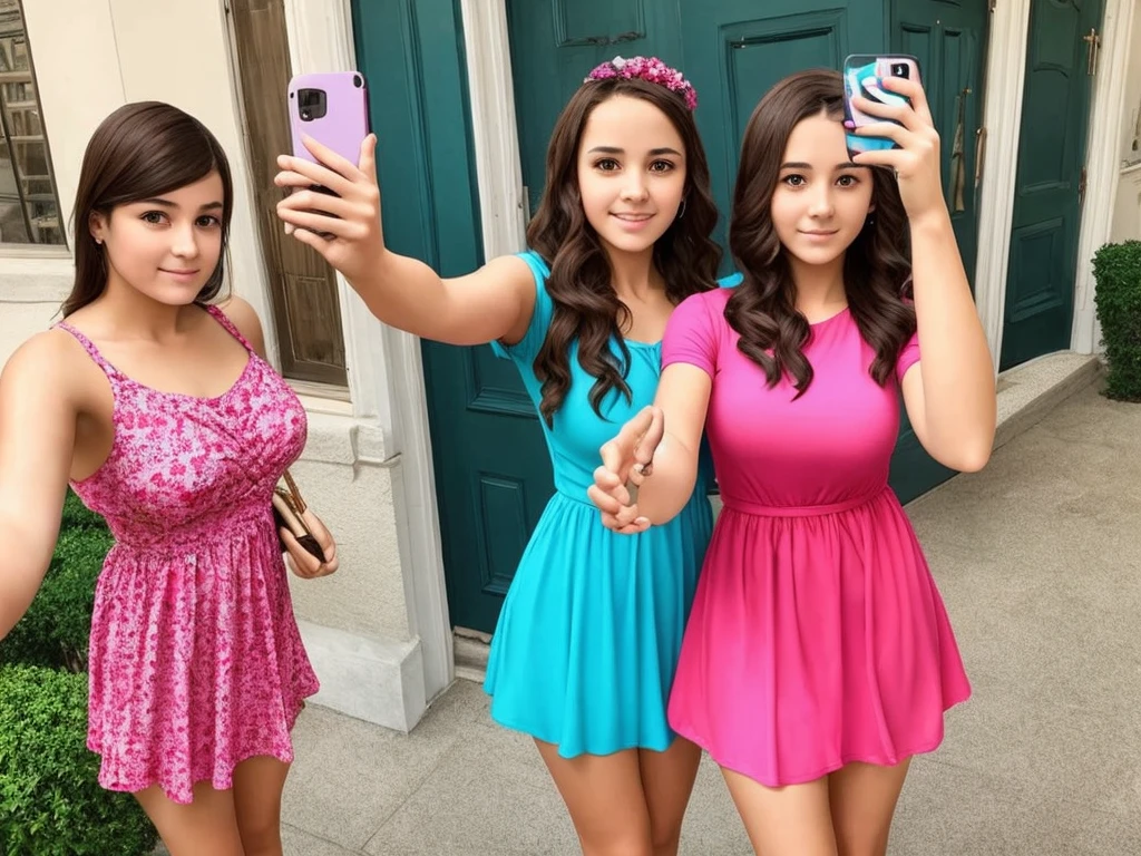 beautiful 35 year old mother and her daughter posing in a sexy selfie wearing short colorful dresses
