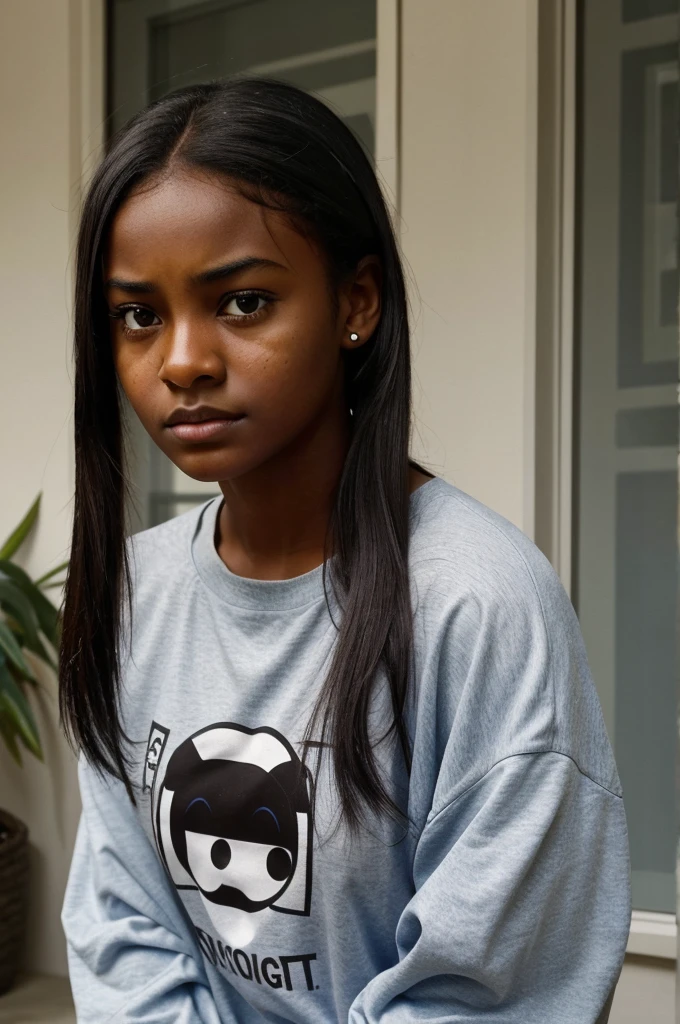 A young dark-skinned girl with a frustrated expression on her face is looking at a 🥴 emoji, which seems to be bothering or annoying her. Her brow is furrowed, and she appears to be uncomfortable or unsettled by the emoji. At the same time, there is a sense of fear or unease in her expression, as if she is concerned or worried about something. The girl appears to be from a low-income background, with simple clothing and a modest setting around her. The contrast between her annoyance at the emoji and the underlying fear or anxiety she is experiencing creates a compelling and thought-