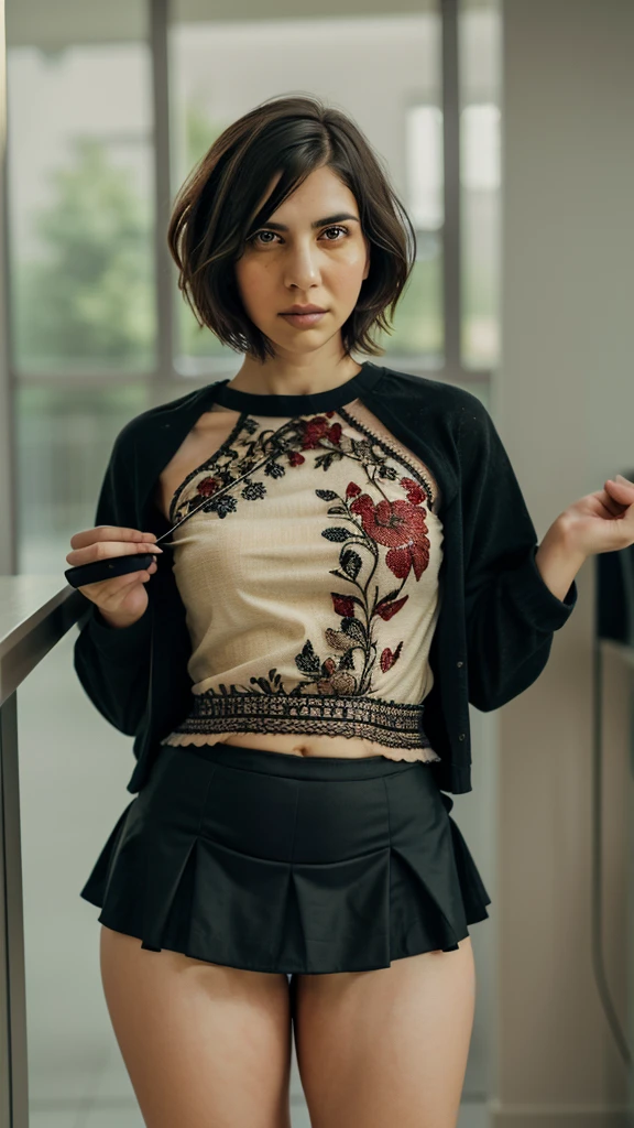 A short-haired girl, red shirt, black skirt, detailed face, beautiful eyes, mature and serious expression, alone, indoor setting, natural lighting, photorealistic, 8k, high quality, detailed skin, detailed clothing, realistic, intricate details, sharp focus, warm color tones, soft shadows, elegant composition, glasses.