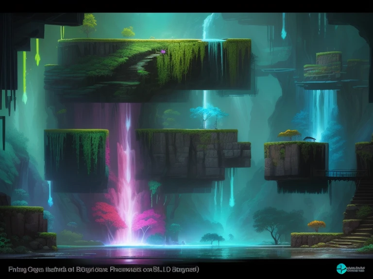 a close up of a waterfall with a tree in the middle of it, colorful concept art, mystical fantasy landscape, colorfull digital fantasy art, magical colors and atmosphere, epic dreamlike fantasy landscape, fantasy digital painting, fantasy art style, vibrant fantasy style, detailed fantasy digital art, intricate rainbow environment, brightly colored giant panther chameleon sitting on a waterfall in the garden with flowers and trees, adorable digital painting, cute detailed digital art, super detailed color lowpoly art, procreate illustration, digital painting highly detailed, highly detailed digital painting, realistic fantasy illustration, very detailed digital painting, low detailed. digital painting, newly hatched ants, detailed digital painting, childrens art in artstation, platform game, sidescroller, platformer,