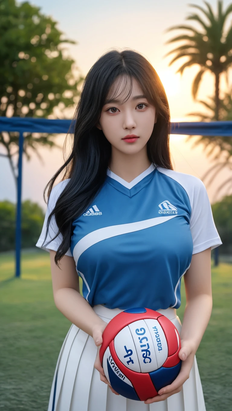 realistic, 1girl, black hair, big breasts, black eyes, glowing eyes, volleyball shirt, parted lips, blush, sunset, Sports venues, sun, sunlight, bloom, 12mm