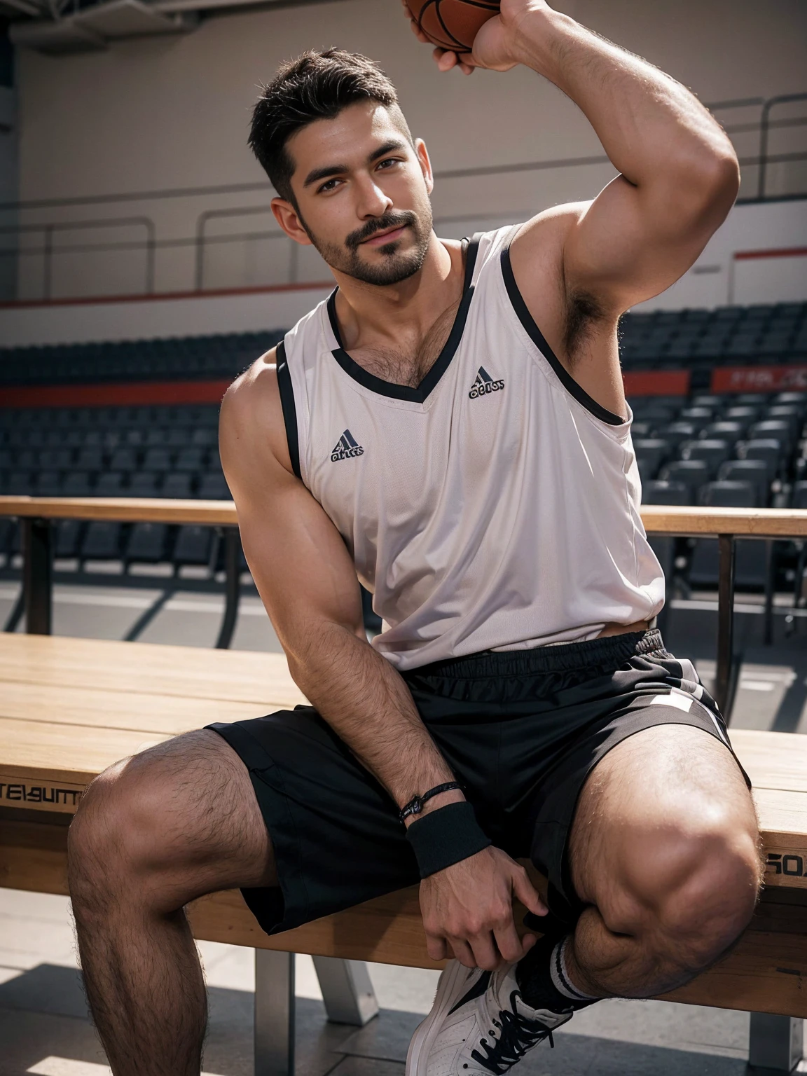 smile, short hair, black hair, brown hair, black hair, sitting, male focus, multiple , shoes, shorts, arms, wristband, sneakers, sportswear, bench, basketball, basketball uniformanother, chest hair, , navel hair, leg hair, armpit hair, hairy, （Chest hair：1.8） ！ High detail 8K)! ((Realistically)), ! 186 cm! 70 kilograms! Popular clips! ( High-detail 8k ((realistically)), Exposed chest muscle and chest hair!, best quality, bright lighting, focus, theater! 35 years old, hairy breasts, thick hair Adam Dario Kier screenshot, Reddit, photo realism, gray hair！real photos！Thick moustache!(Chest hair：1.5）Real photos!