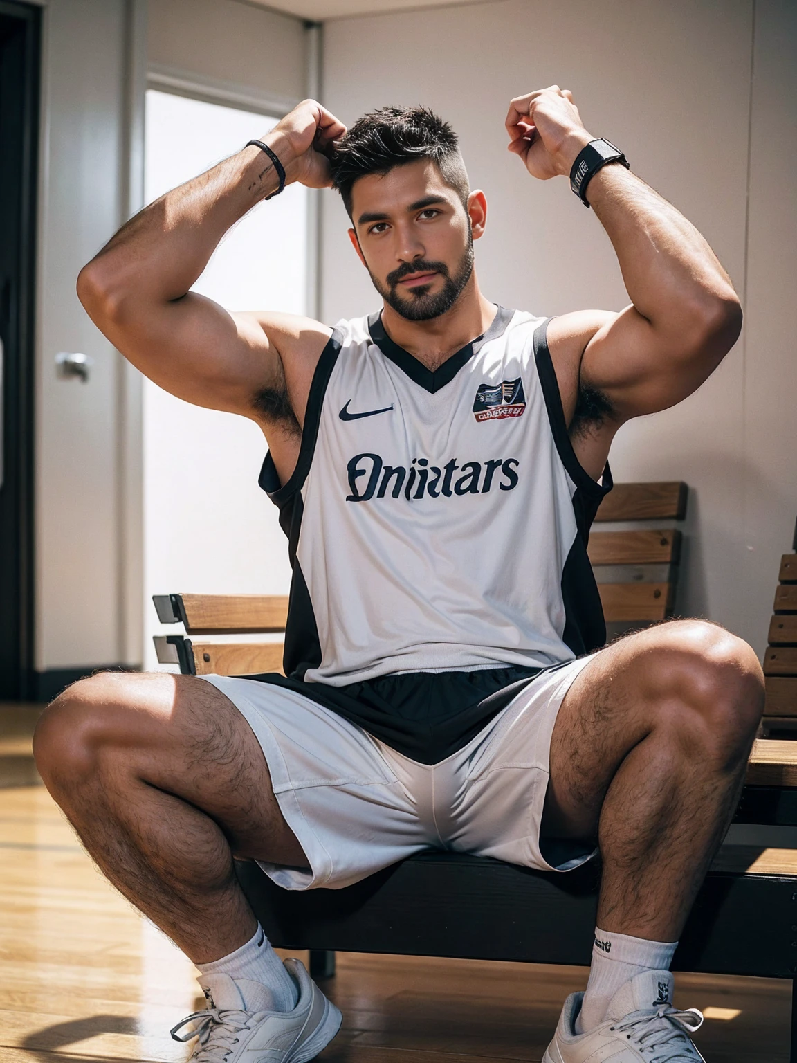 smile, short hair, black hair, brown hair, black hair, sitting, male focus, multiple , shoes, shorts, arms, wristband, sneakers, sportswear, bench, basketball, basketball uniformanother, chest hair, , navel hair, leg hair, armpit hair, hairy, （Chest hair：1.8） ！ High detail 8K)! ((Realistically)), ! 186 cm! 70 kilograms! Popular clips! ( High-detail 8k ((realistically)), Exposed chest muscle and chest hair!, best quality, bright lighting, focus, theater! 35 years old, hairy breasts, thick hair Adam Dario Kier screenshot, Reddit, photo realism, gray hair！real photos！Thick moustache!(Chest hair：1.5）Real photos!