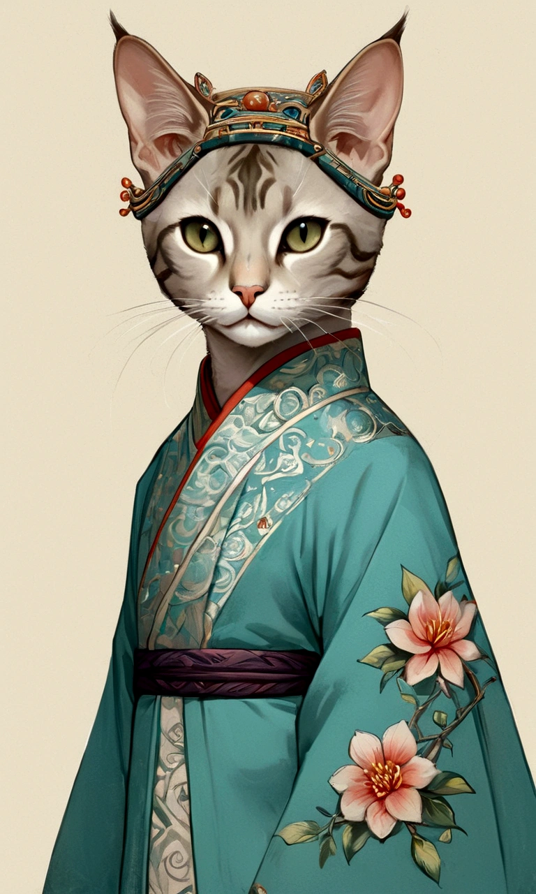 (highly accurate drawing in every detail)(extremely precise representation)upper body,,ancient asia vibe, a stunning hanfu oriental cat(with all cat specific bodyparts) dressed in georgeous hanfu dress with sacred geometric patterns and hair with big flower hanfu headpiece.big eyes, high quality linework,plain background,1 line drawing,burma cat, singapura cat, flat turquoise-blueish-green asia background