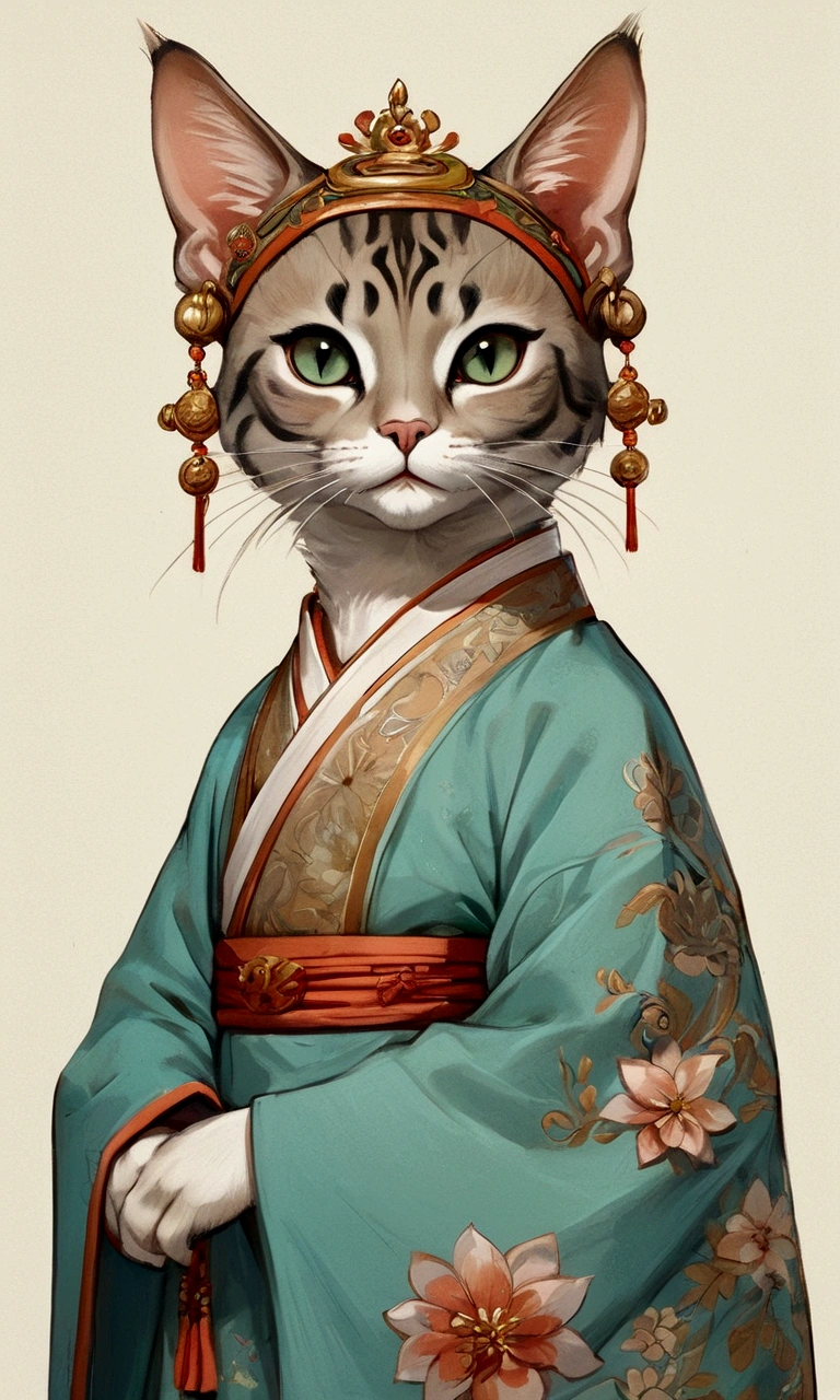 (highly accurate drawing in every detail)(extremely precise representation)upper body,,ancient asia vibe, a stunning hanfu oriental cat(with all cat specific bodyparts) dressed in georgeous hanfu dress with sacred geometric patterns and hair with big flower hanfu headpiece.big eyes, high quality linework,plain background,1 line drawing,burma cat, singapura cat, flat turquoise-blueish-green asia background