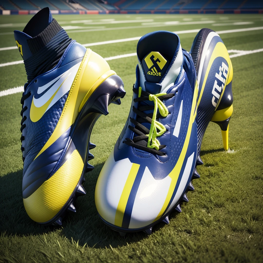 Football field，a pair of football boots，Side view，Shoes are shiny，Fine details，Clean background，Side shot lens，Best picture quality，Higher quality，High Detail，Ultra-high resolution，8K resolution，masterpiece