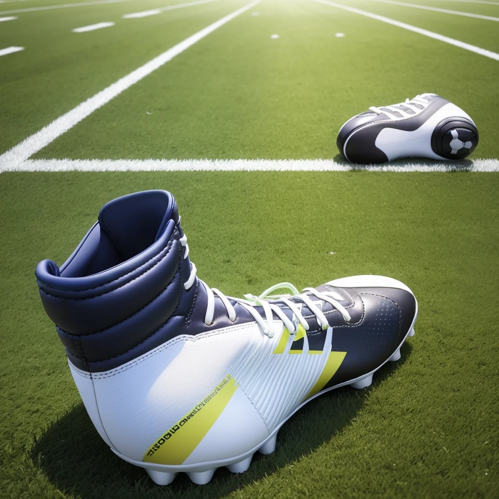 Football field，a pair of football boots，Side view，Shoes are shiny，Fine details，Clean background，Side shot lens，Best picture quality，Higher quality，High Detail，Ultra-high resolution，8K resolution，masterpiece