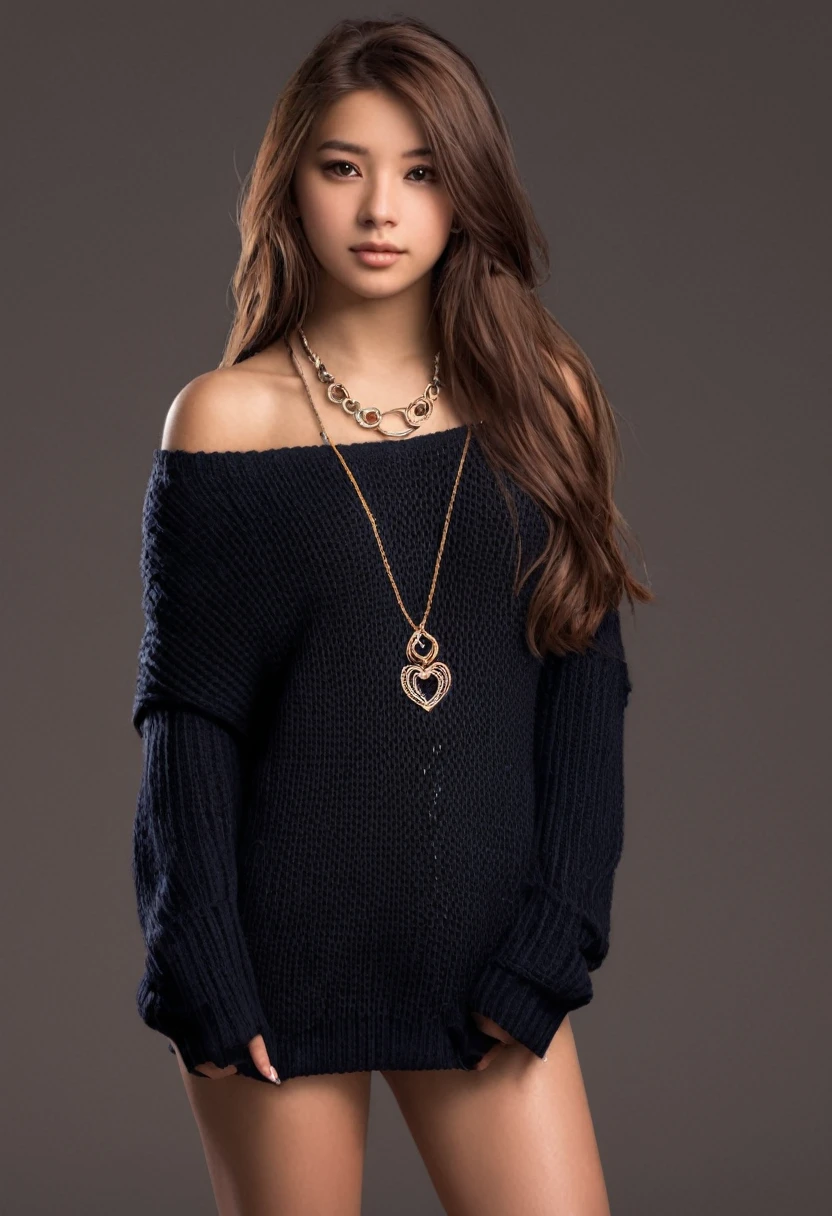 1girl in, age19, Solo, Long hair, Colossal , Looking at Viewer, Bare shoulders, Brown eyes, jewely, Full body, a necklace, off shoulders, Sweaters, Realistic, A sexy