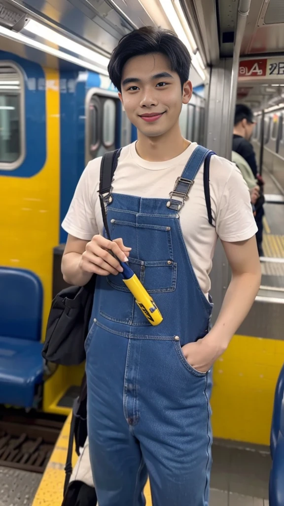 Engineers are inspecting subway trains,Subway maintenance workshop,There are 5 tracks full of subway cars.。The engineer is a 28-year-old Asian male,Wearing blue overalls,Holding a wrench in each hand,Holding a flashlight in one hand,A happy smile on his face。