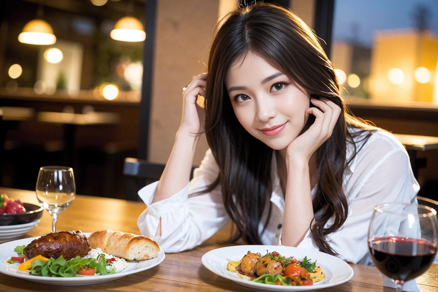 ((highest quality、8k、masterpiece:1.3))、1 male、1 female、spouse、I really like it、Beautiful couple、The body is slim、テーブルの上のwine glass、Facial lighting、full-course dinner、 Amazing view of the sunset sky and clouds、A bright smile、The wonderfulness of smile、Bright image、Beautiful Face, short hair,Bright Face、 (43 years old), 39 years old, red wine 、Appetizers、Italian food、Wine bottle、Champagne、sparkling wine、Two beauties、Brown Hair、Shortcuts、Long sleeve shirt、dress、Pretty Woman 1, (slimな顔), (The body is slim), (Brown Hair), (Shortcuts), cheeks turn a little red,Attractive beauty、restaurant, In a prominent place (From the waist up) Nova Frog Style, actress, model, Upper Body, White wine, slim, wine glass, 中央に置かれたwine glass, smile, (smile: 1.15), Beautiful fine grain, Depth f/2,saturation, High Contrast, Strong light and shadow,Moist Body:1.5、3D texture、Delicate eyes、Brown Hair、The hair is very shiny、