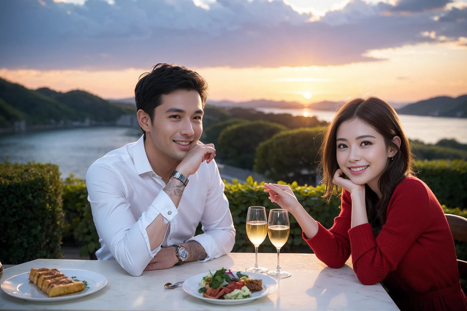 ((highest quality、8k、masterpiece:1.3))、 (Genuineistic, Genuine、Bright image、Intricate details:1.2), 最高のsmile 男性1人 女性1人、Beautiful Couple、spouse、Couple、spouse、actress、モデルCouple、smile、full-course dinner、 (Slim face), (the body is slim), (Brown Hair), (short hair), テーブルの上のwine glass、Please shine a light on my face、 Amazing view of the sunset sky and clouds、 (Age 35), 39 years old, red wine 、Appetizers、Wine bottle、sparkling wine、Long sleeve shirt、dress、White wine, red wine, wine glass,