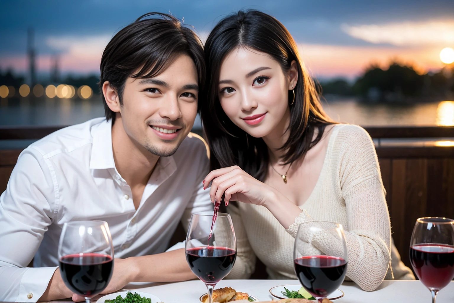 ((highest quality、8k、masterpiece:1.3))、 (Genuineistic, Genuine、Bright image、Intricate details:1.2), 最高のsmile 男性1人 女性1人、Beautiful Couple、spouse、Couple、spouse、actress、モデルCouple、smile、full-course dinner、 (Slim face), (the body is slim), (Brown Hair), (short hair), テーブルの上のwine glass、Please shine a light on my face、 Amazing view of the sunset sky and clouds、 (Age 35), 39 years old, red wine 、Appetizers、Wine bottle、sparkling wine、Long sleeve shirt、dress、White wine, red wine, wine glass,