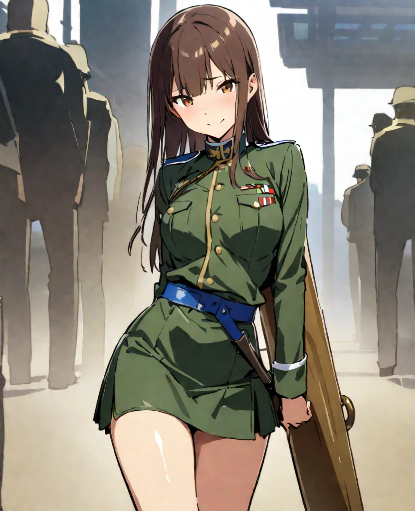 (((masterpiece, highest quality:1.5,absurdres))),25 year old beauty,solo,((very small head)),long hair,bangs,dark brown hair,brown eyes,shy,smile,medium breasts,((very long body)),((toned body:1.2,slender body)),skinny,gleaming skin,shiny skin,((Army infantry uniform、saber、Tight mini skirt)),army base、taisho steampunk、Japan in the Taisho Period、Takeda Hiromitsu style,