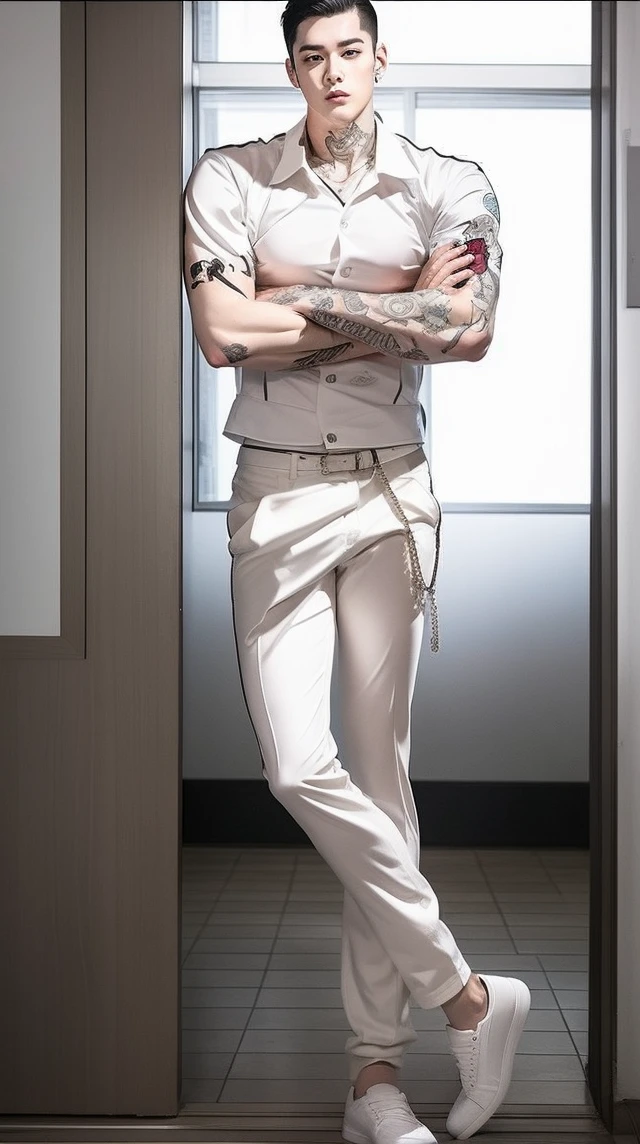 Tall Guy. The character Gong Park is from the webtoon Lookism. Korean. Black hair. Black eyes with white pupils. White suit. Exactly the same as in the photo. Detailed. Reality. In real life. Tattoos as in the photo. Muscular. High quality.