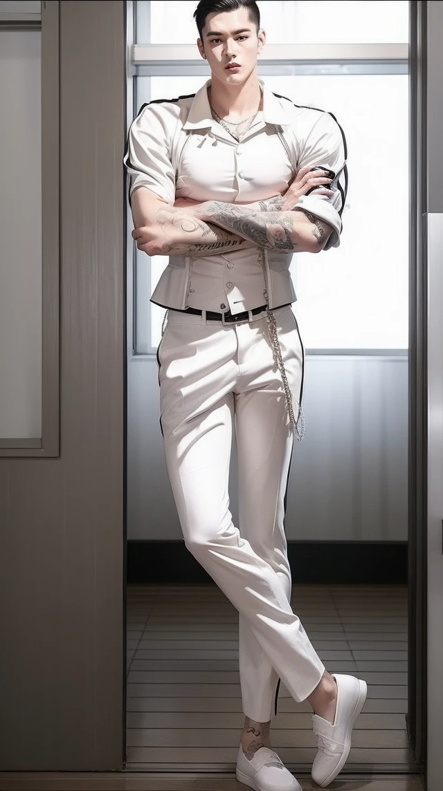 Tall Guy. The character Gong Park is from the webtoon Lookism. Korean. Black hair. Black eyes with white pupils. White suit. Exactly the same as in the photo. Detailed. Reality. In real life. Tattoos as in the photo. Muscular. High quality.